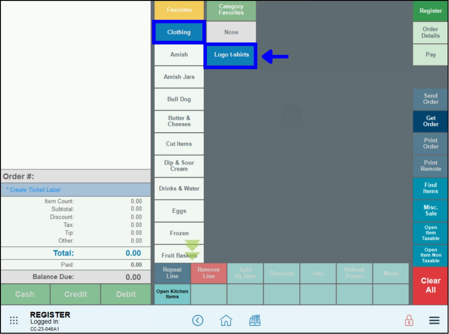 Select category and group from the register to add item to an order
