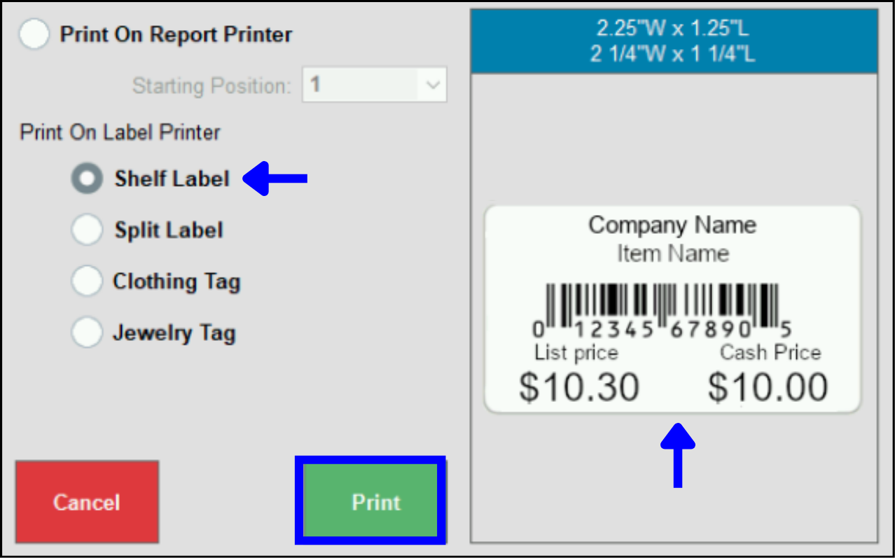 Dual Pricing label example showing List and Cash price