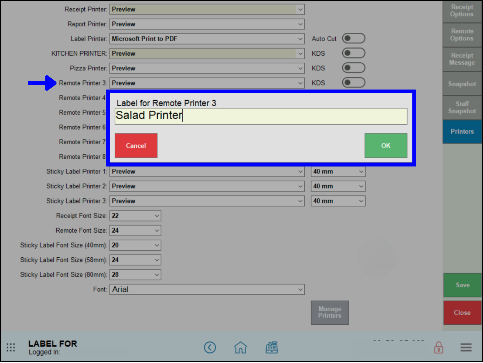 Change name of printer in print settings pop up