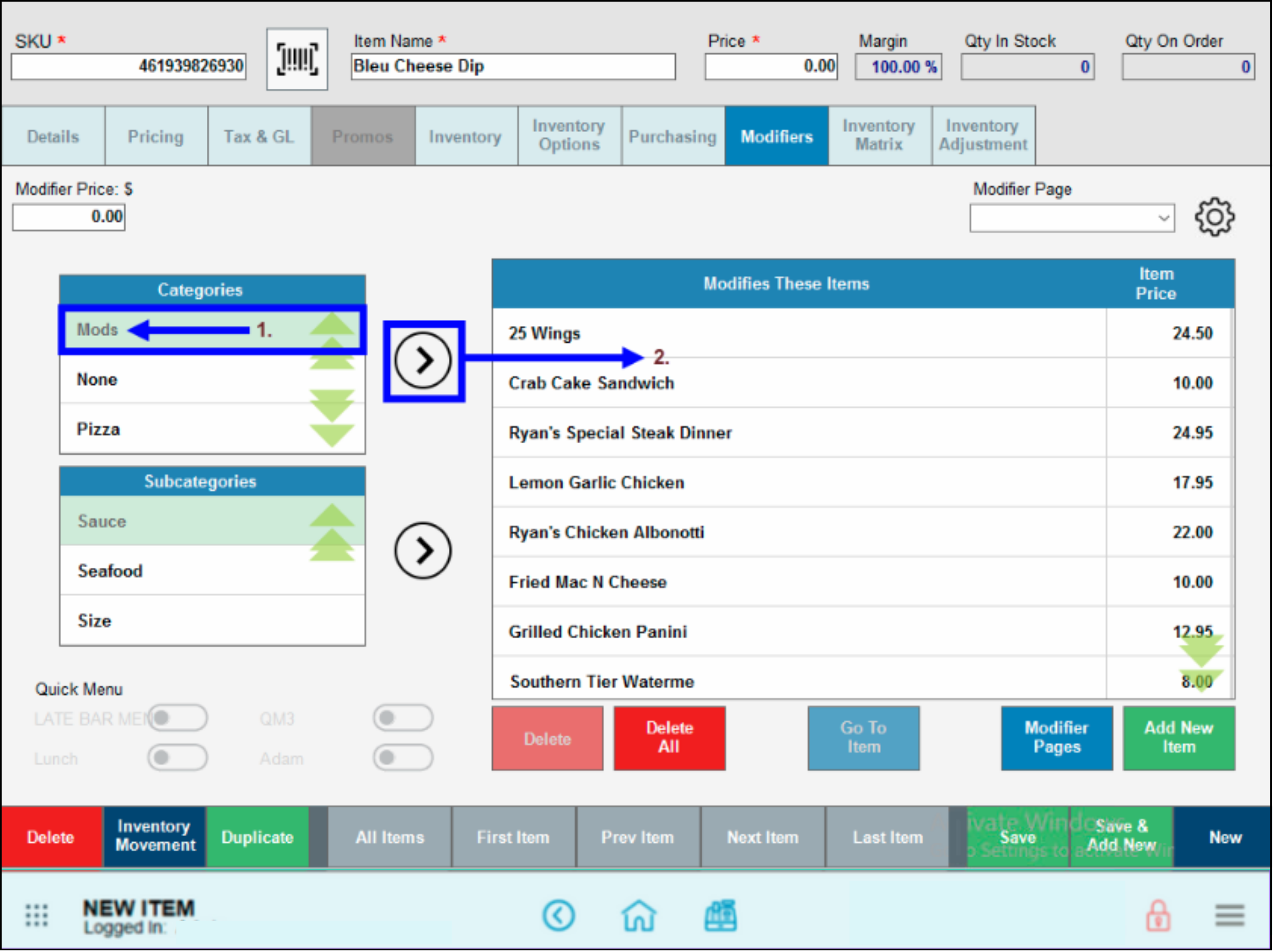 Mods category with arrow icon pointing to subcategory work area