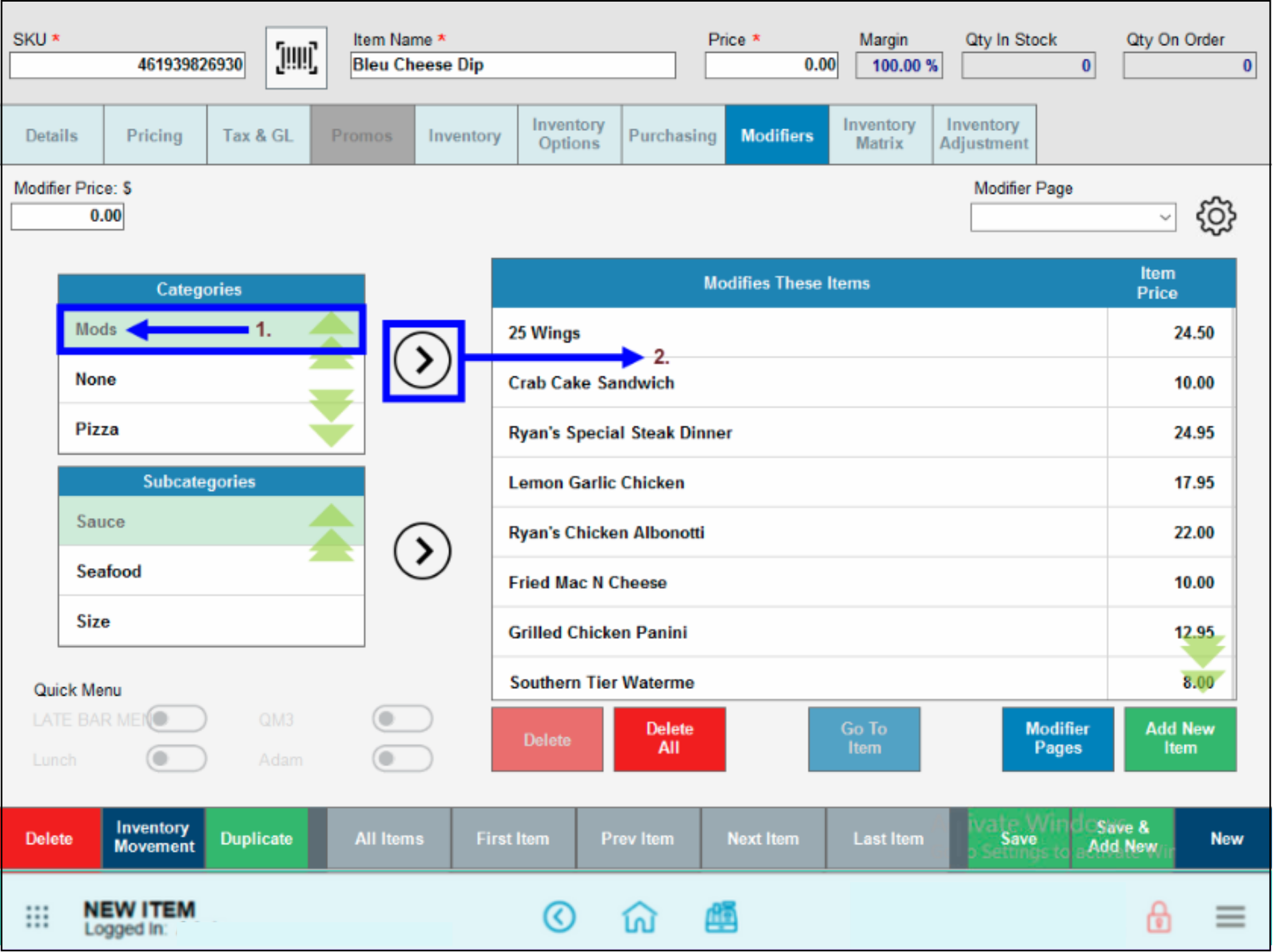 Mods category with arrow icon pointing to subcategory work area