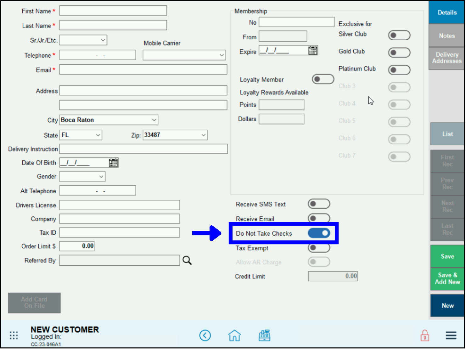 The Details tab of the New Customer screen. On the bottom half of the screen, the toggle for Do Not Take Checks is enabled. There is a blue box with arrows around the Do No Take Checks area, indicating it's importance.
