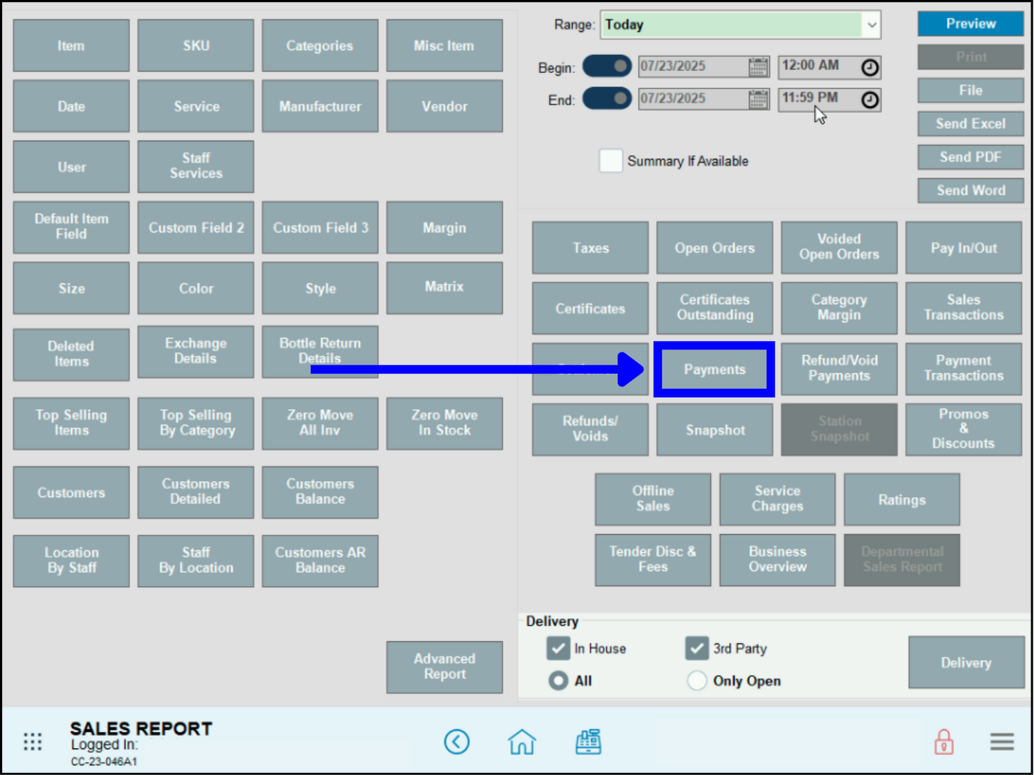 The Sales Report window. The button for Payments is enlarged, with a blue box and arrows around it.