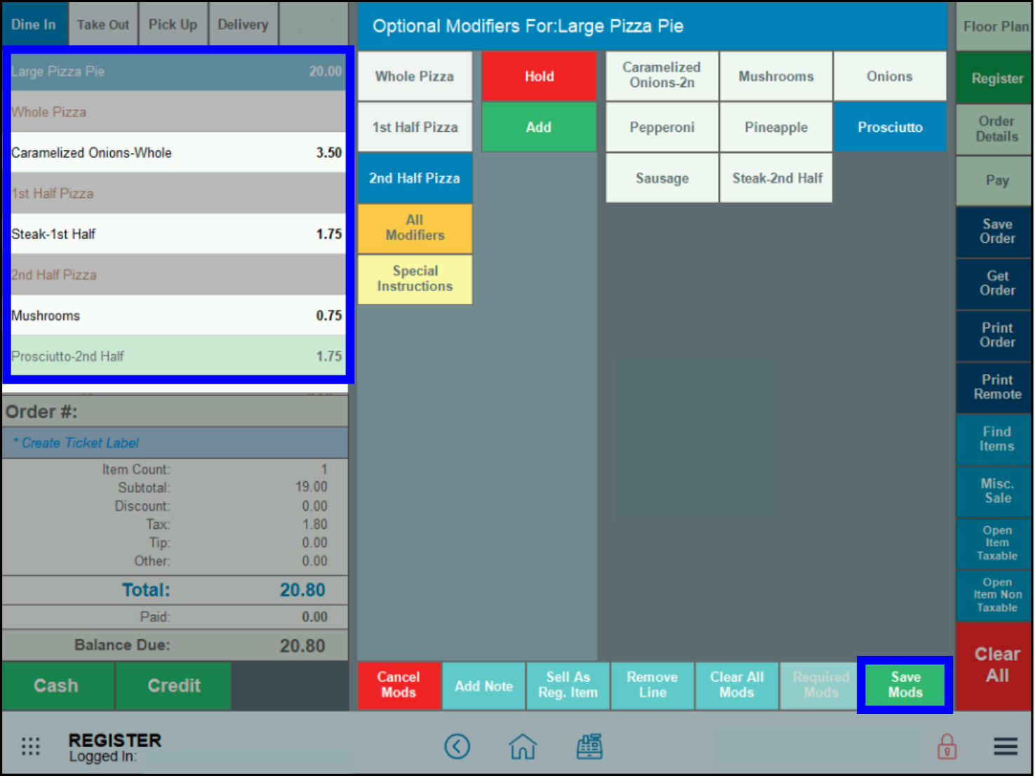  Example of one ordered pizza on register 