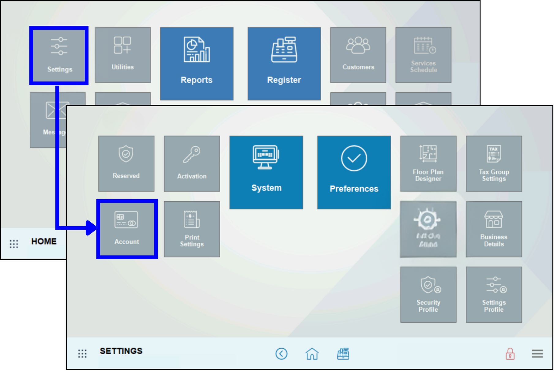 Settings module highlighted with arrow leading to account submodule