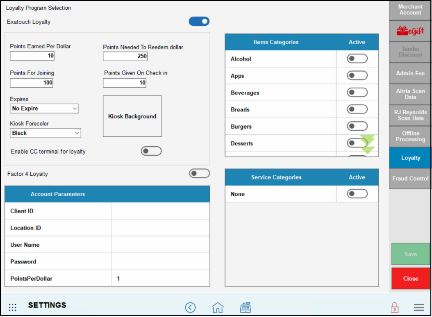 Loyalty liquor settings displayed in exatouch