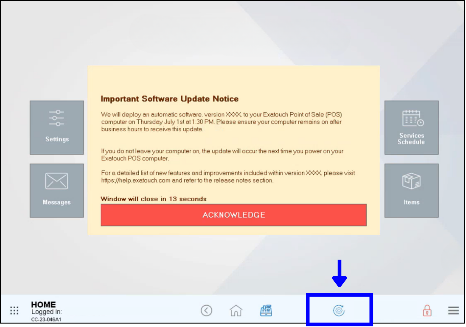 Merchant messaging and notification with task tray icon in footer of home page