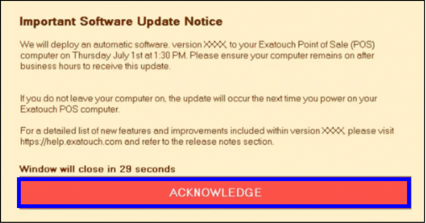 Merchant notification and system update text overlay example message