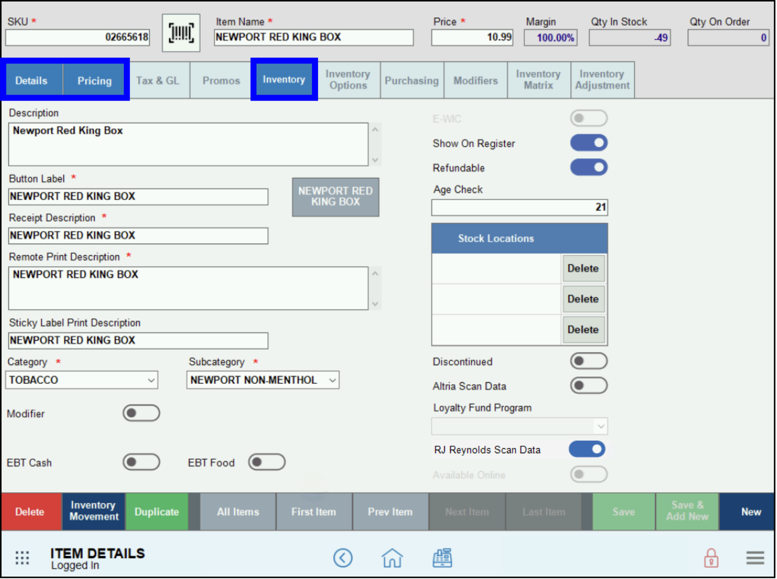 Scan Data Troubleshooting - Item Details page showing details price and inventory tabs outlined