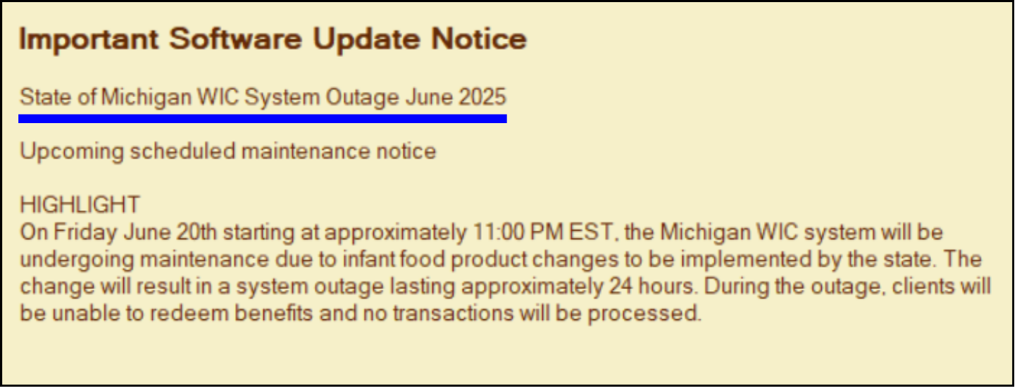 State-specific merchant notification and system update text overlay example message