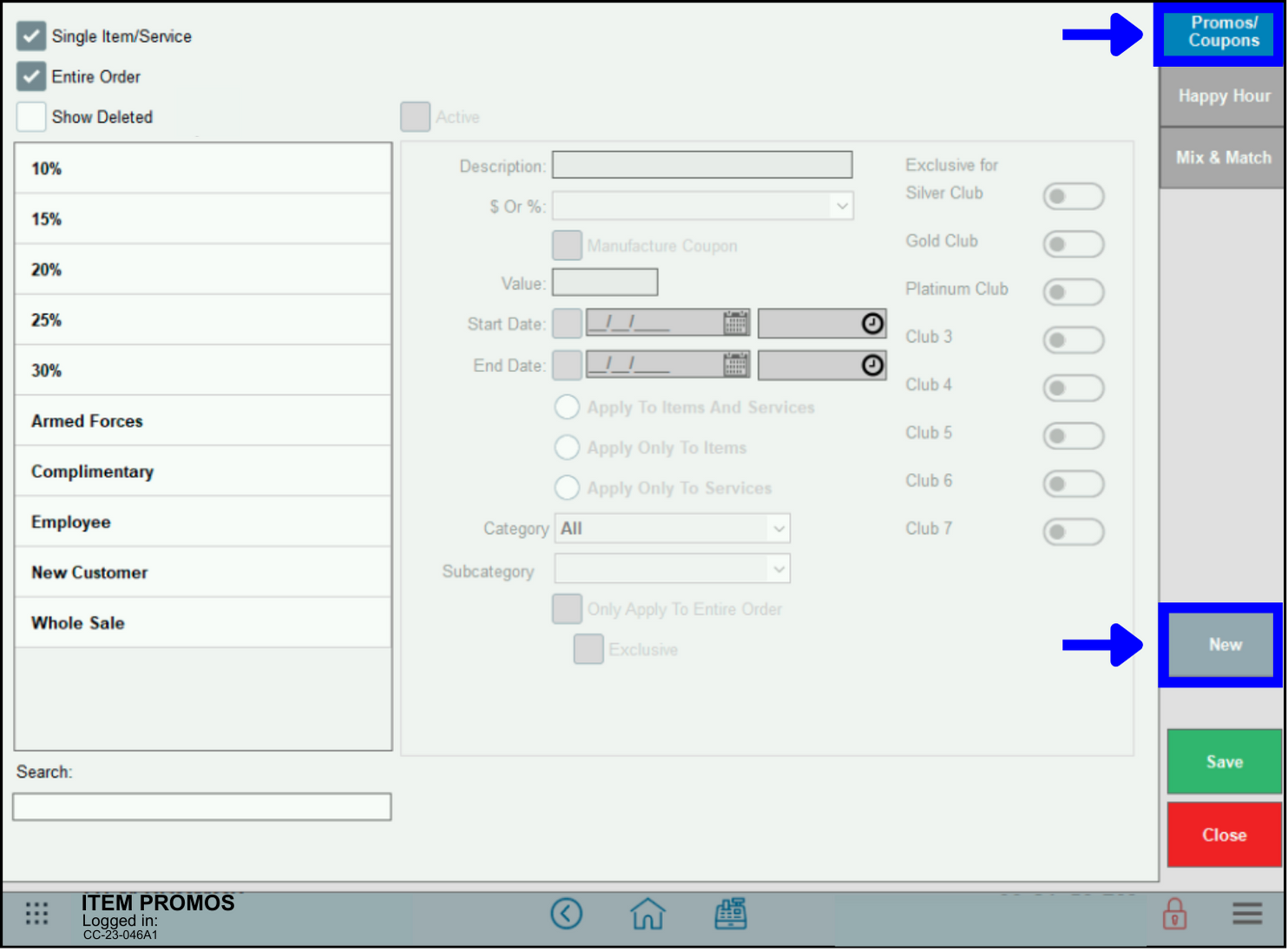  Verify Promos/Coupons screen, click New 