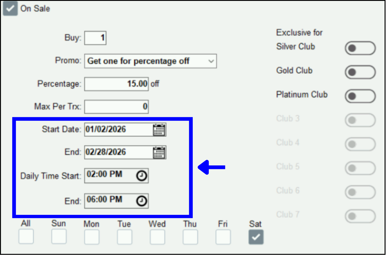  Select dates and times to start and end promo 