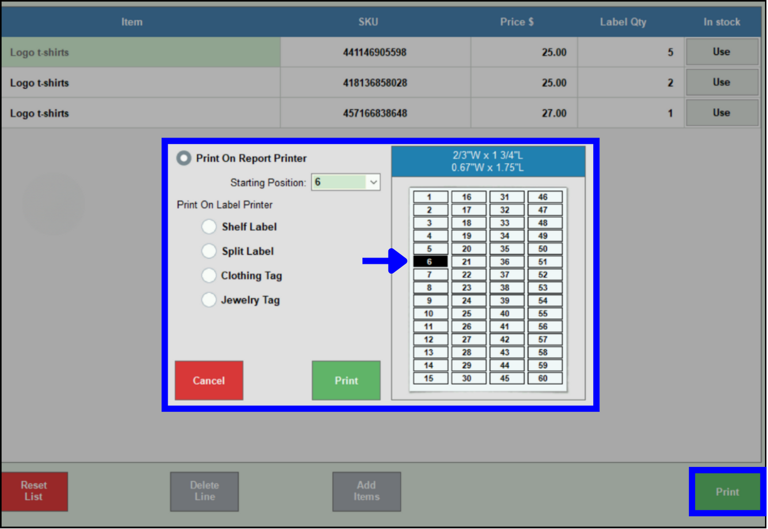 Print labels on report printer with starting position 6