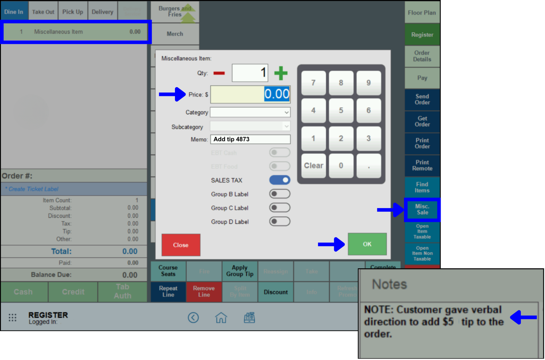 Add tip to a closed order via Register Misc Sale