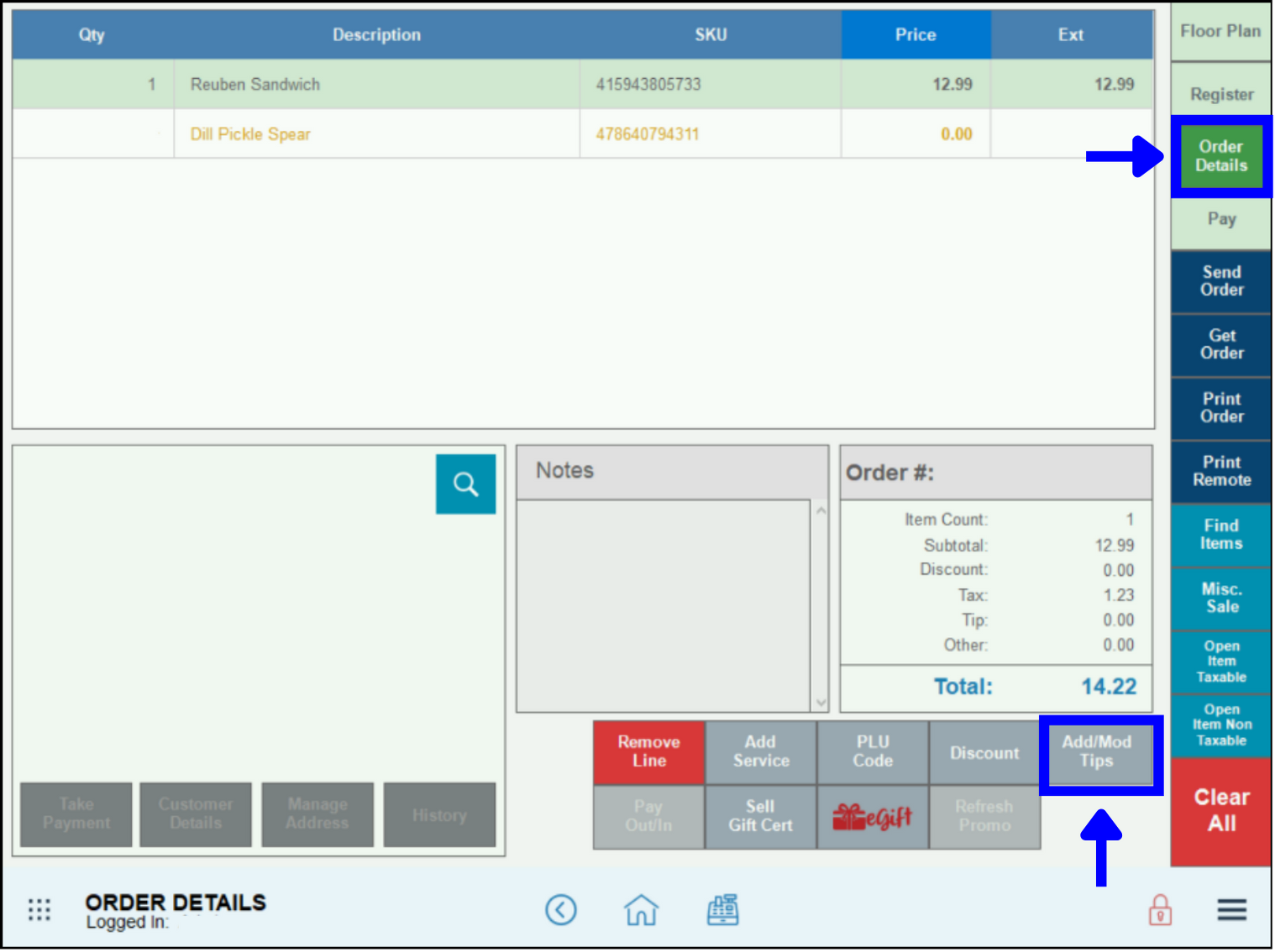 Add or Modify tips in transaction from the Order Details screen in the Register
