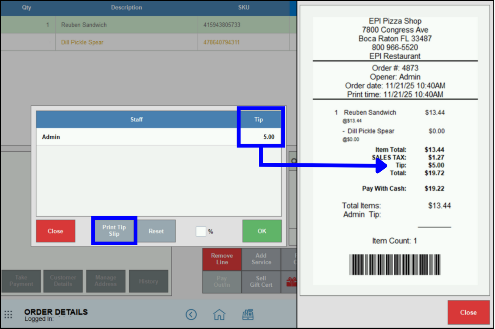 Add or Modify Tips receipt showing adjusted tip amount