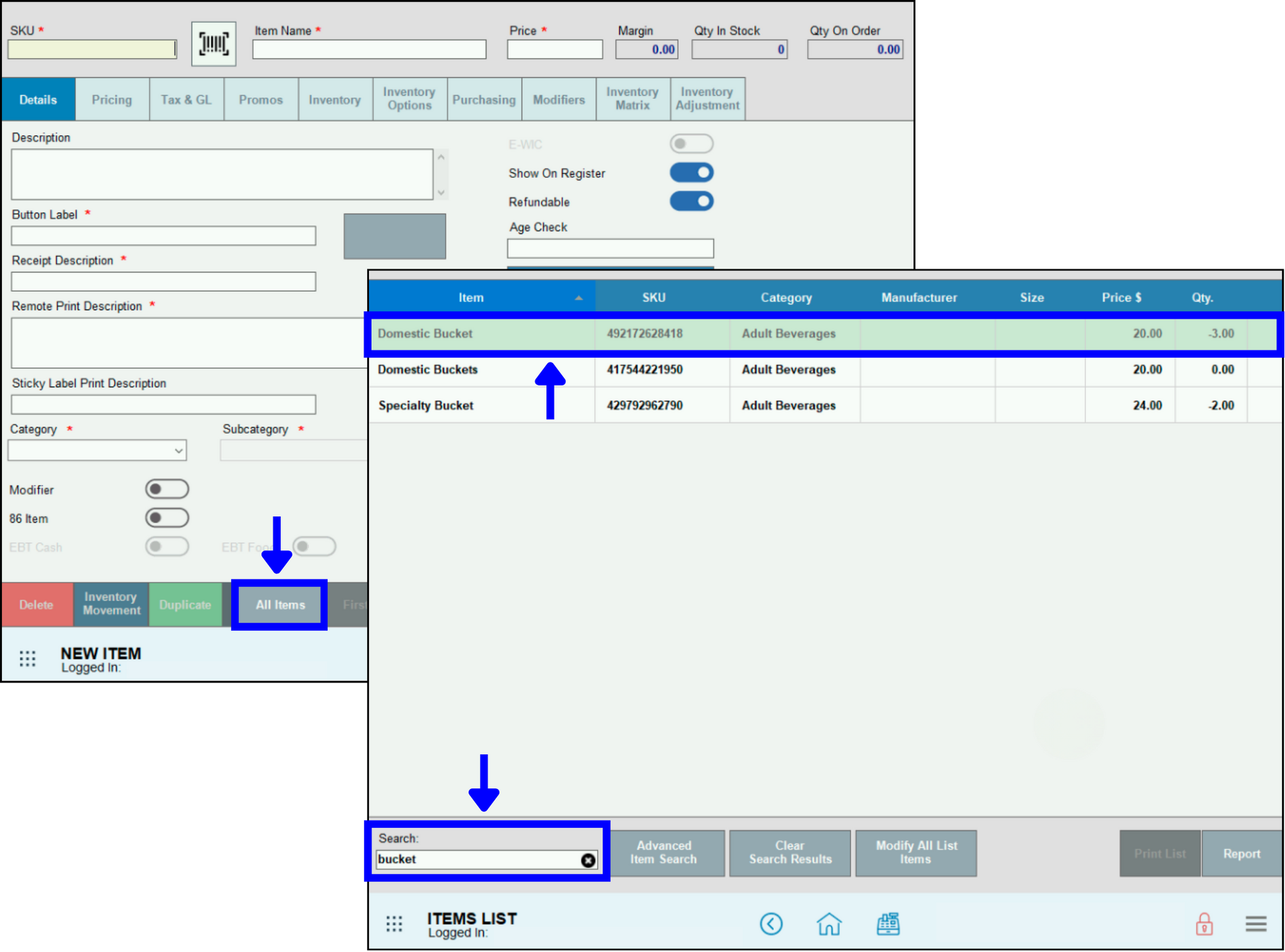 Find item to add to Quick Menu