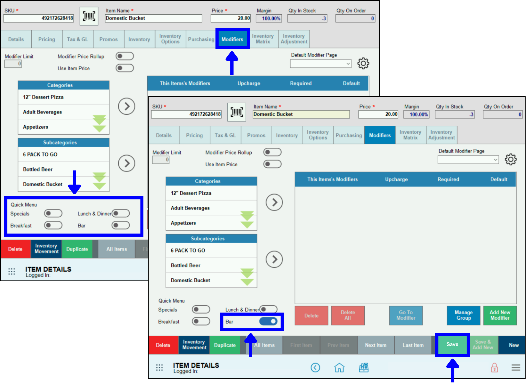 Add item to Quick Menu