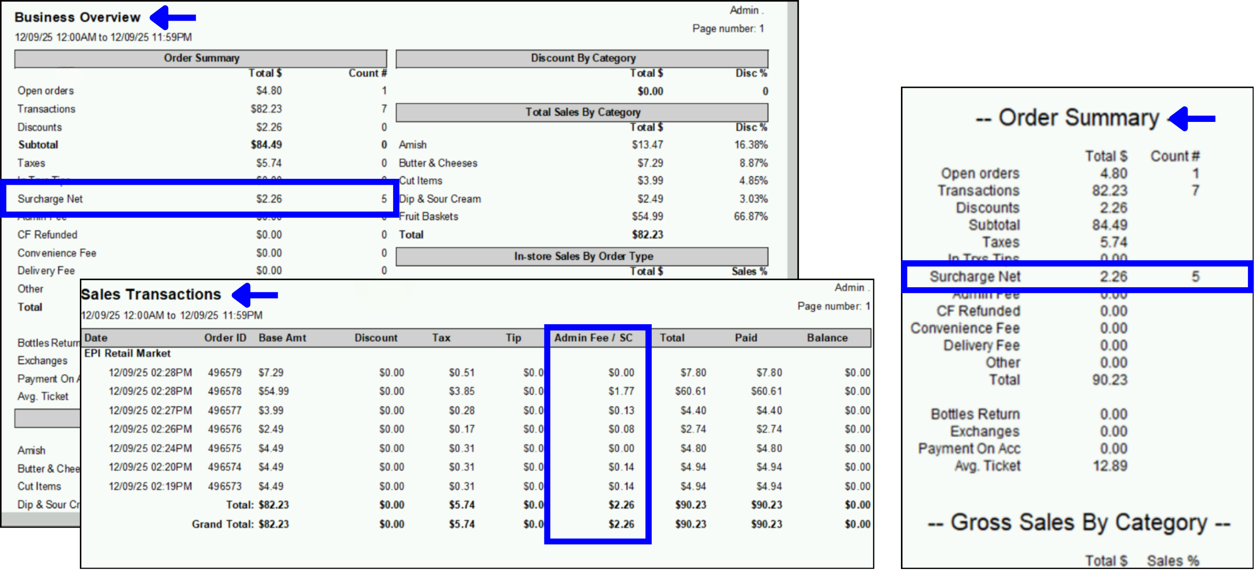 Sales Reports showing Surcharge Fees