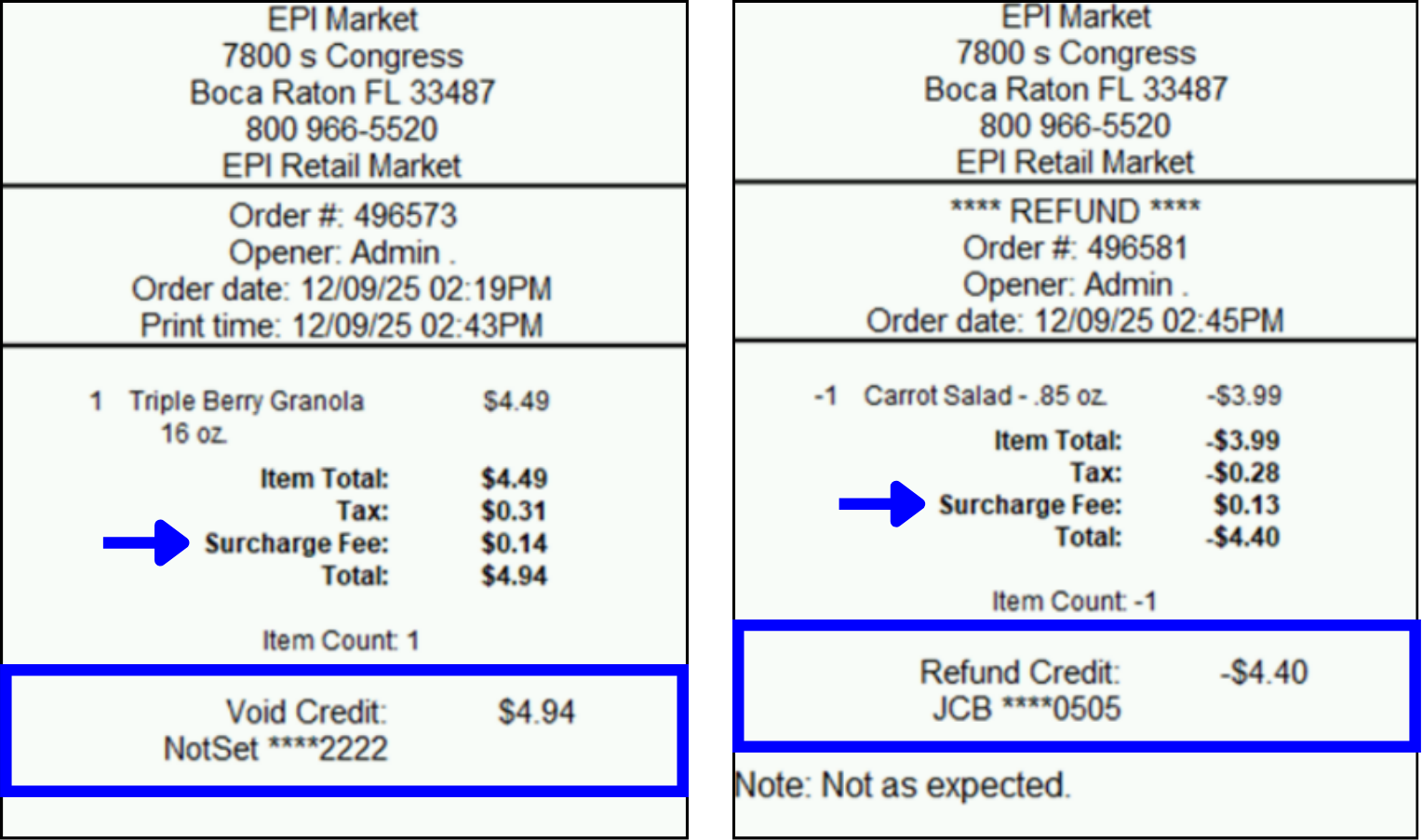 Void and refund receipts showing refunded and voided Surcharge Fees