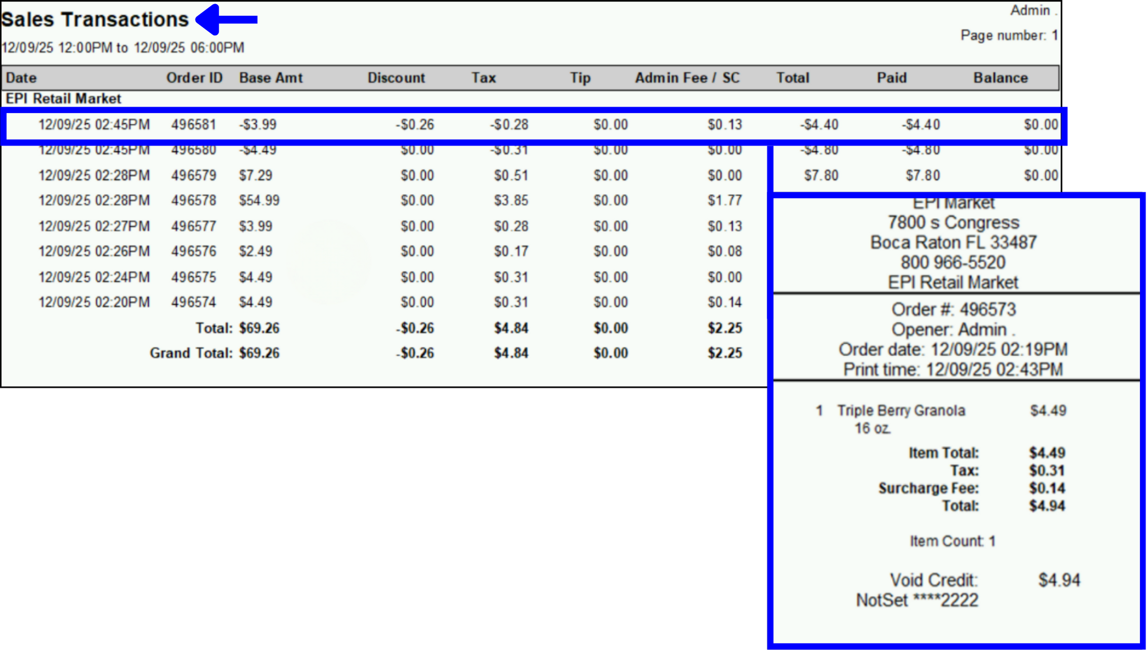 Voids and refunds showing voided and refunded Surcharge Fees on Sales Report