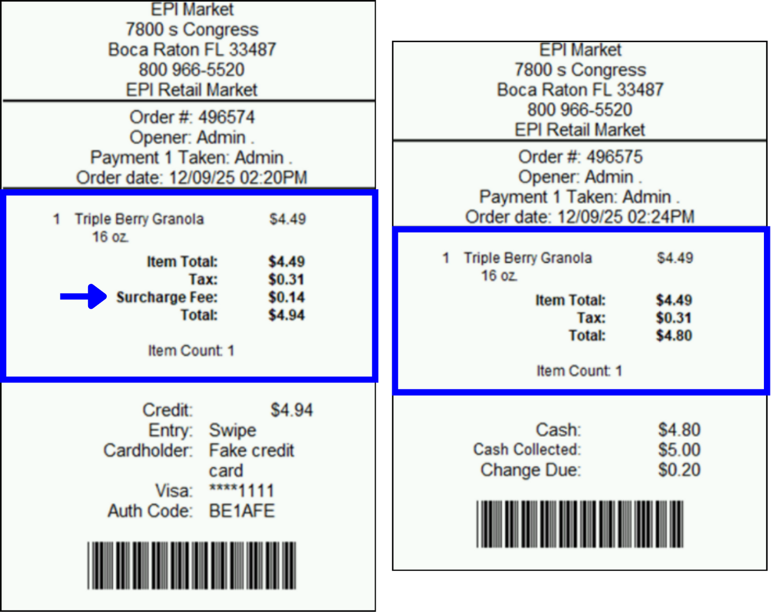 Receipts showing receipts with and without Surcharge Fees