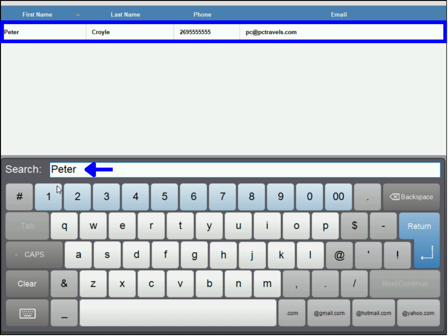 Card on File – search for customer profile in customer list