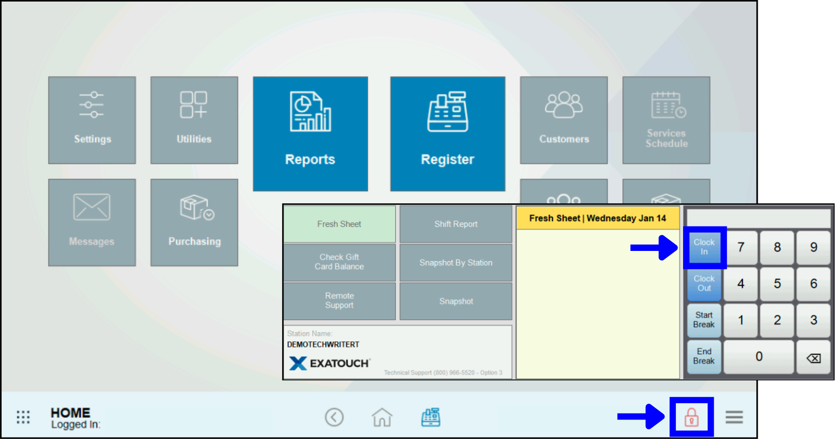 Tap lock icon, then Clock In button
