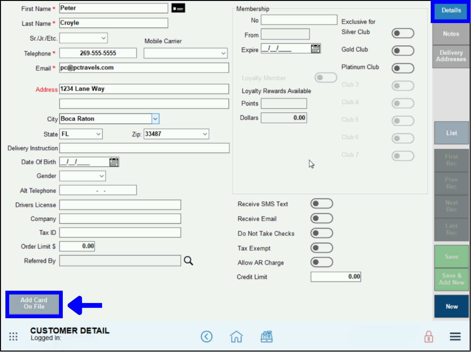 Card on File – add card on file using button in the customer profile details tab