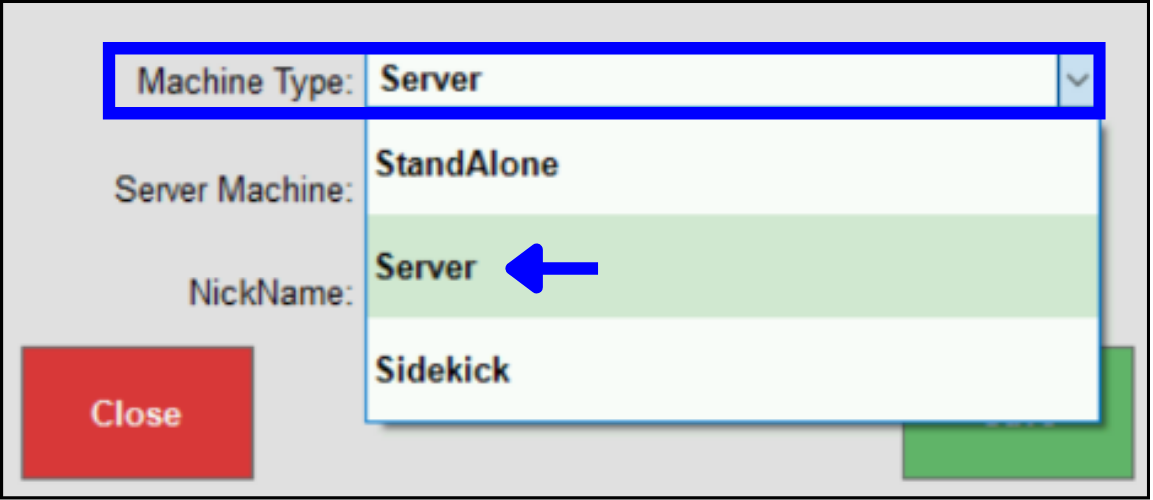 Basic troubleshooting for server sidekick error – Machine type dropdown showing Server option