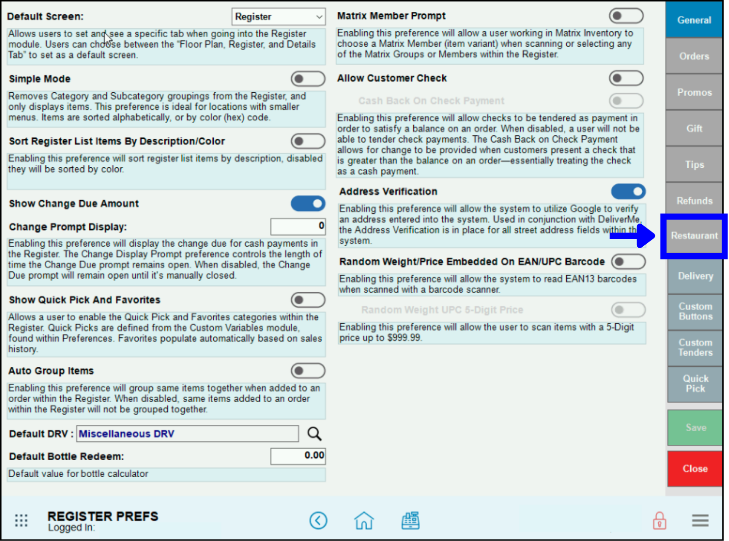 Click Restaurant tab