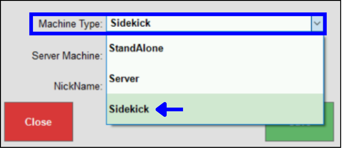 Basic troubleshooting for server sidekick error – Machine type dropdown showing Sidekick option