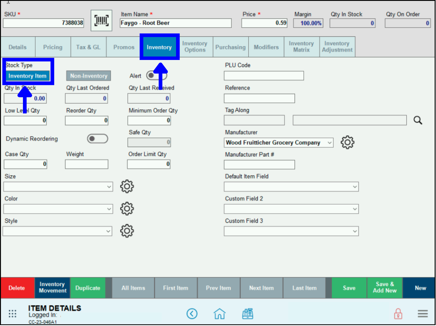 Low Level Quantities in Register –select stock type and inventory item to enable inventory fields