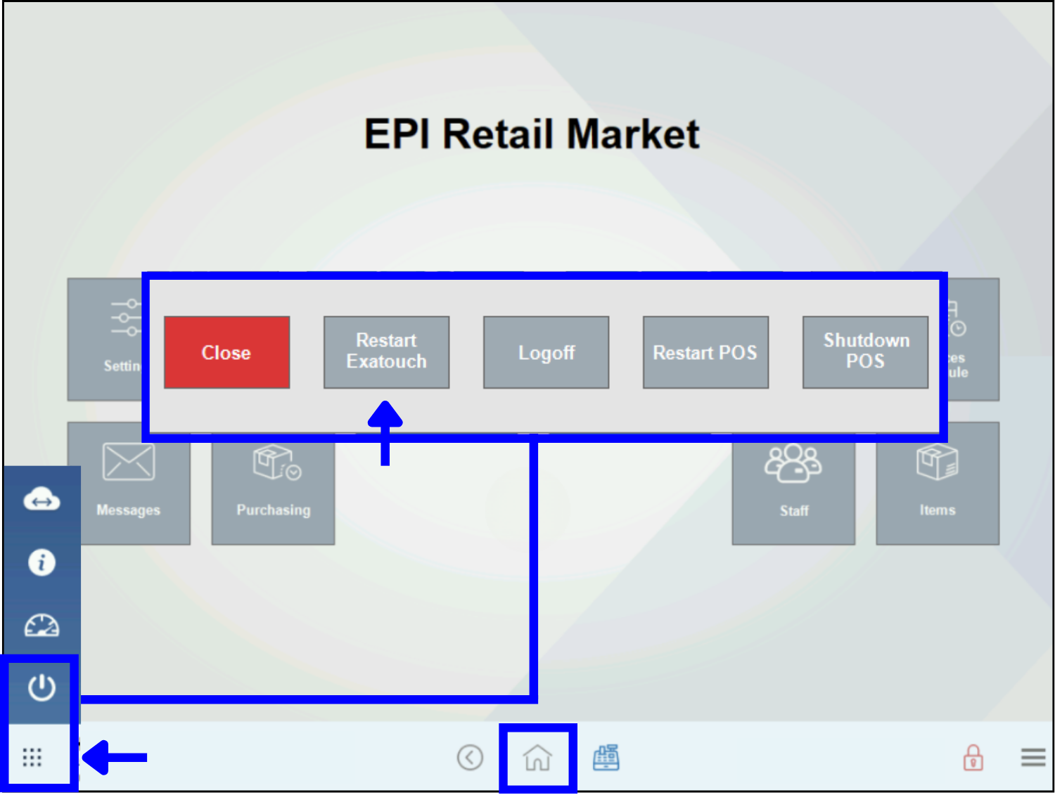 Basic troubleshooting for server sidekick error – restart Exatouch button from nine-dot menu