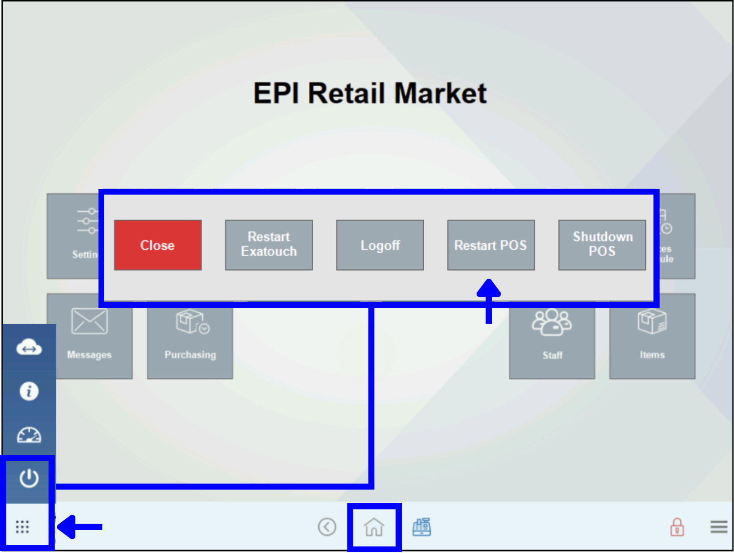 Basic troubleshooting for server sidekick error – Restart POS button from nine-dot menu