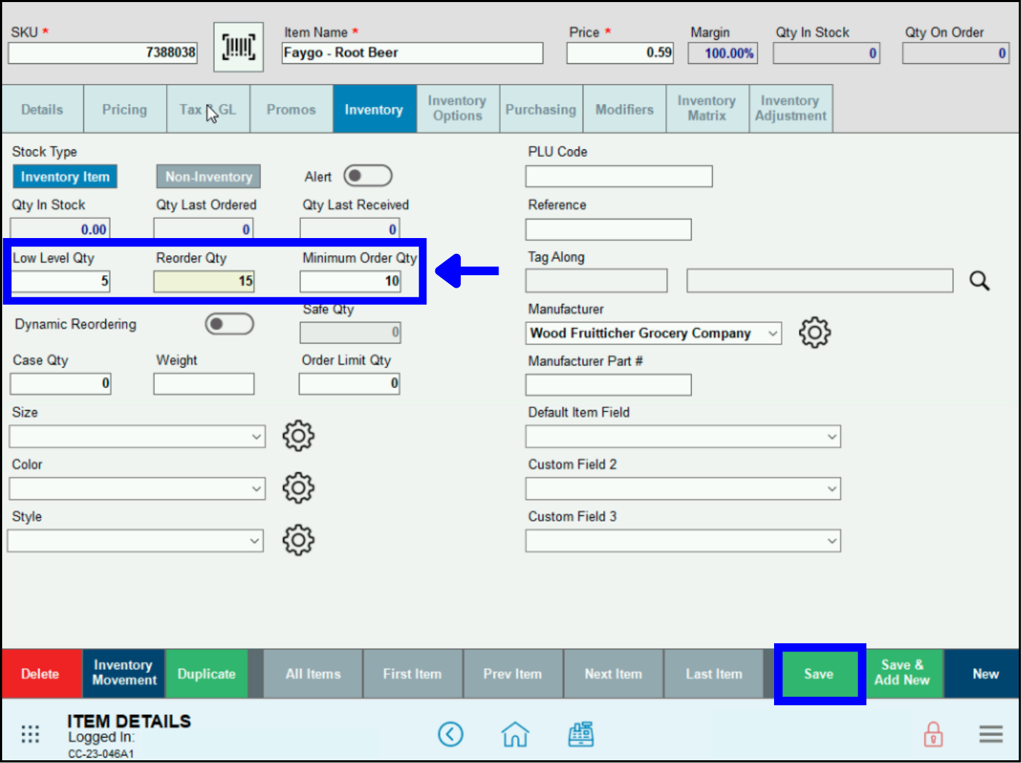 Low Level Quantities in Register – configure Low Level Qty, Reorder Quantity, and Minimum Order Qty on the Item Details page