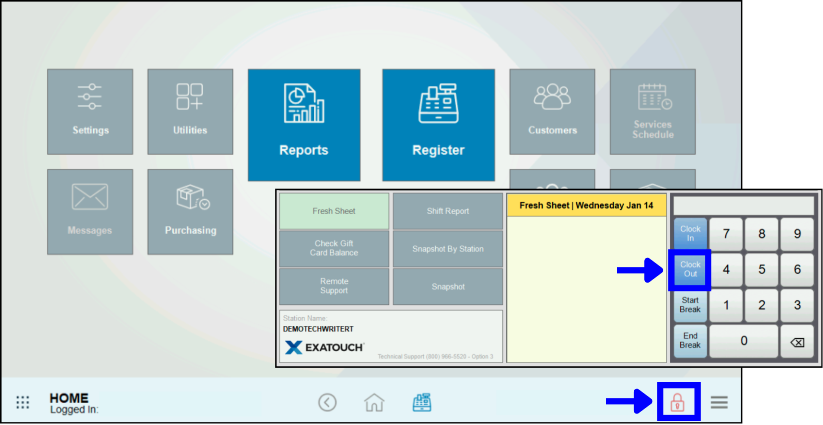 Tap lock icon, then Clock Out button