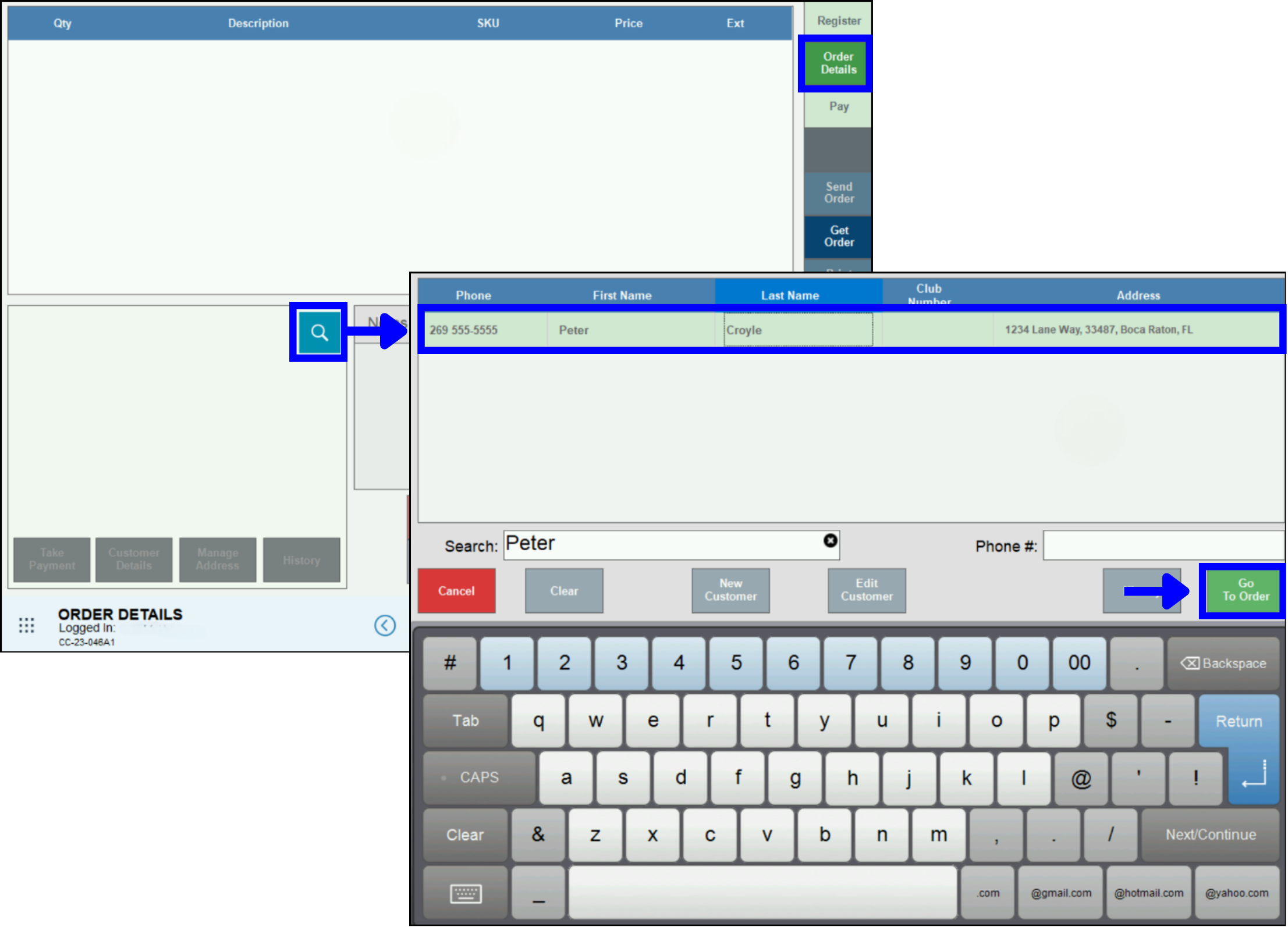 Card on File – search for customer profile in Order Details tab to attach to existing order