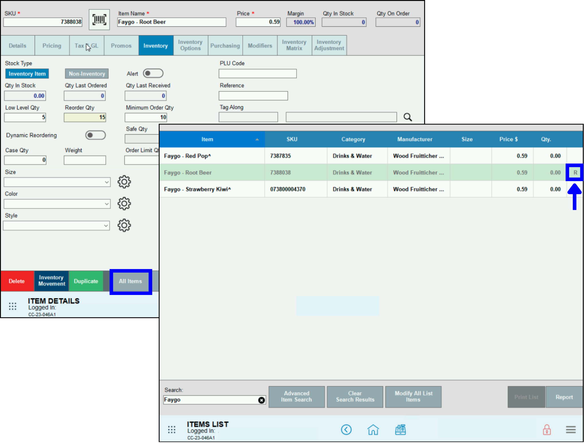 Low Level Quantities in Register – select all items to view updated item list and status