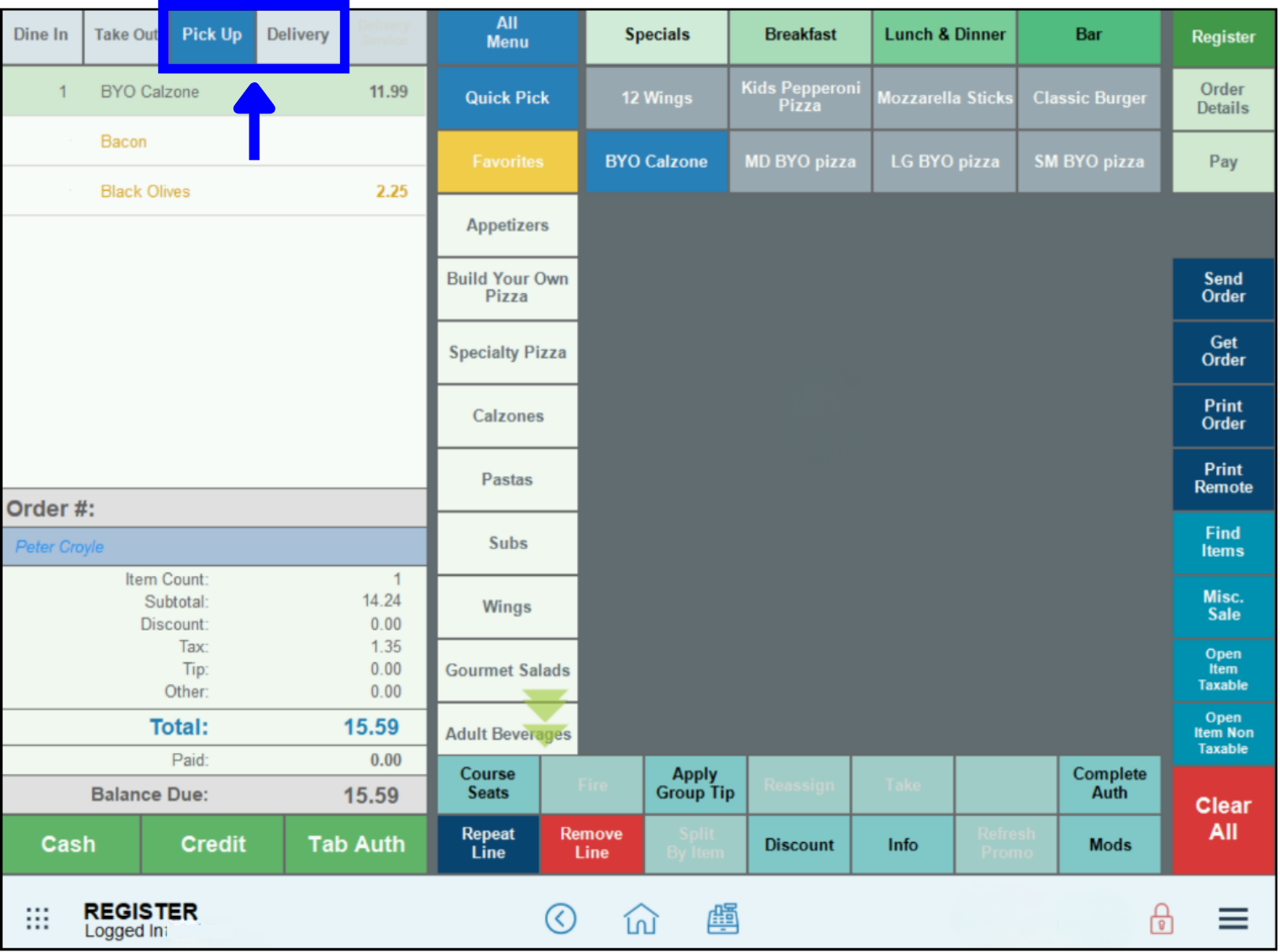 Whozz Calling select the pickup or delivery button on the order screen in the register app