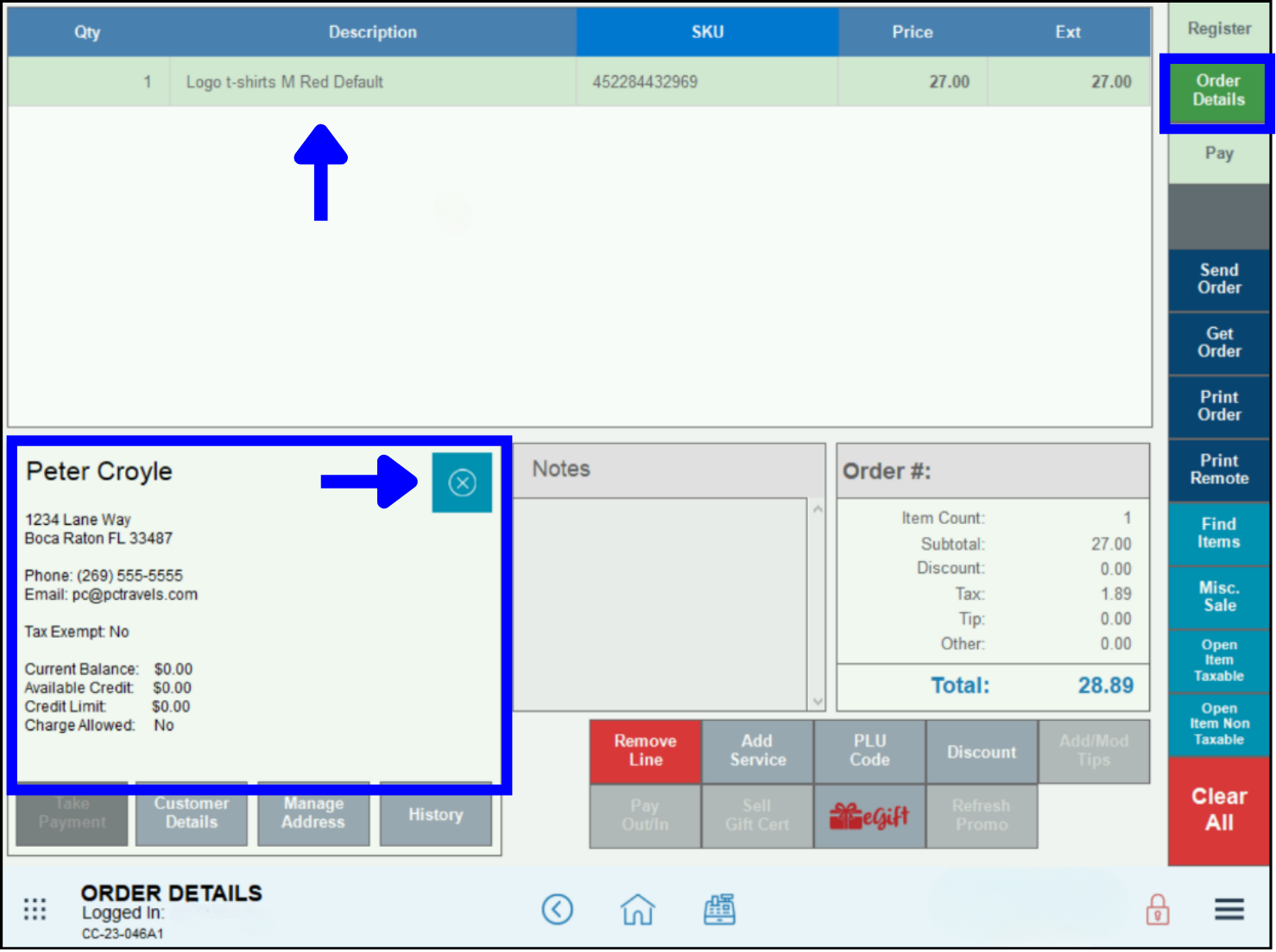 Card on File – Order Details tab showing customer profile information and attached order