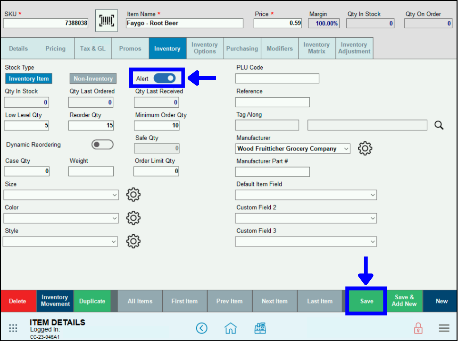 Low Level Quantities in Register – Enable alert notifications for low level items on the Item Details page
