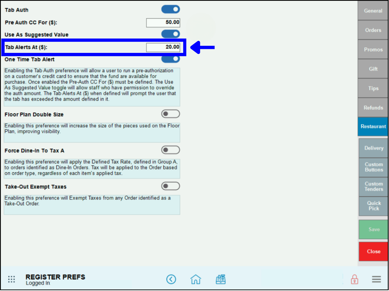 Enable and set tab alert amount
