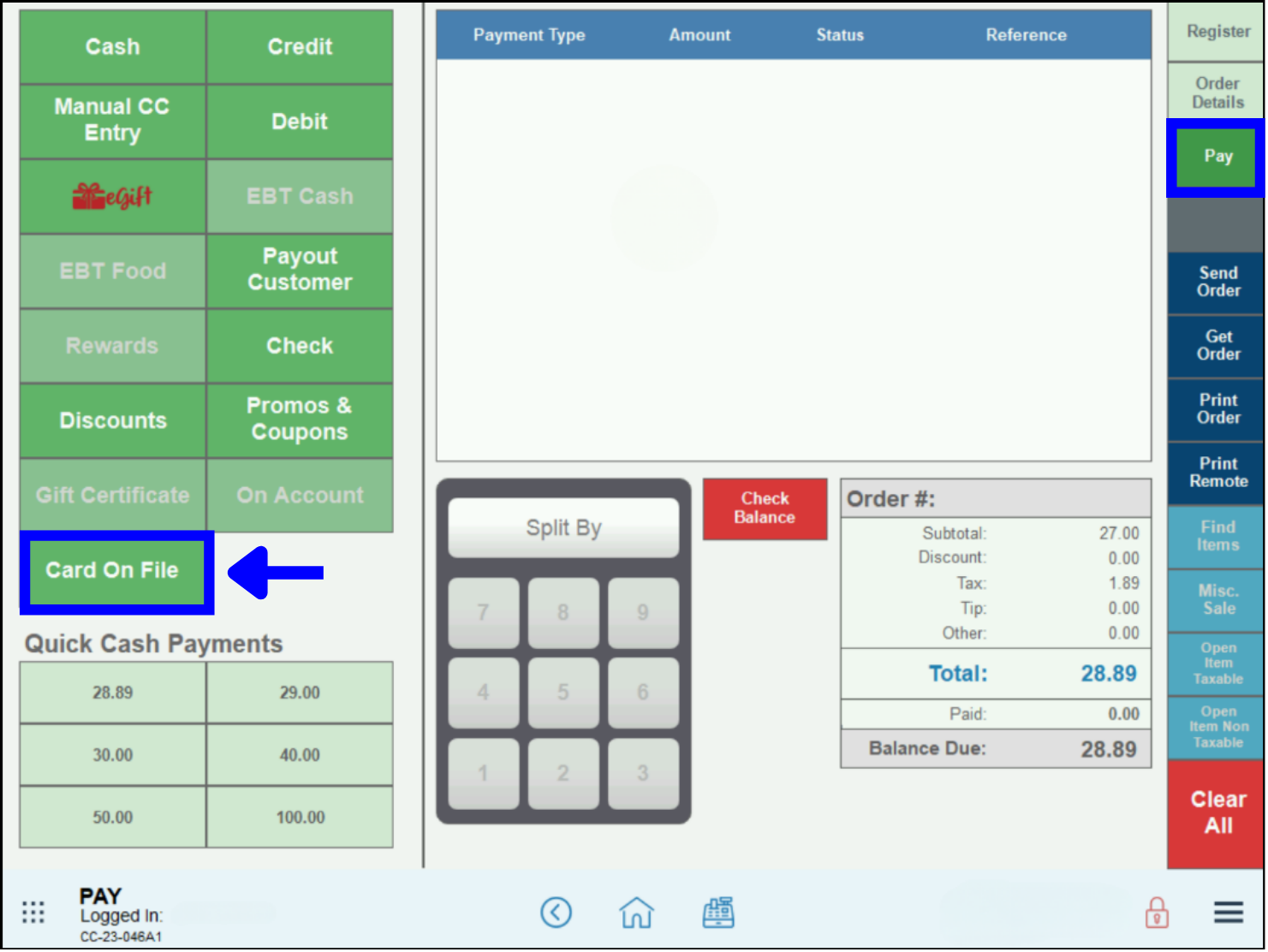 Card on File – Select Card on File button in Pay tab to pay for order