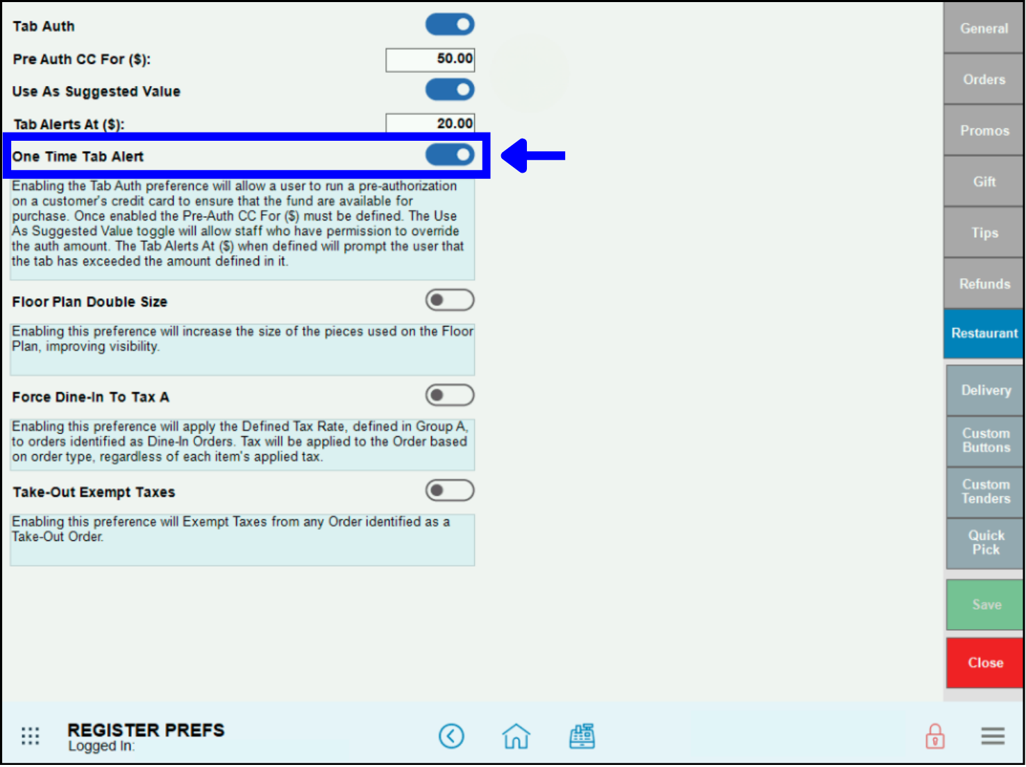Enable one time tab alert