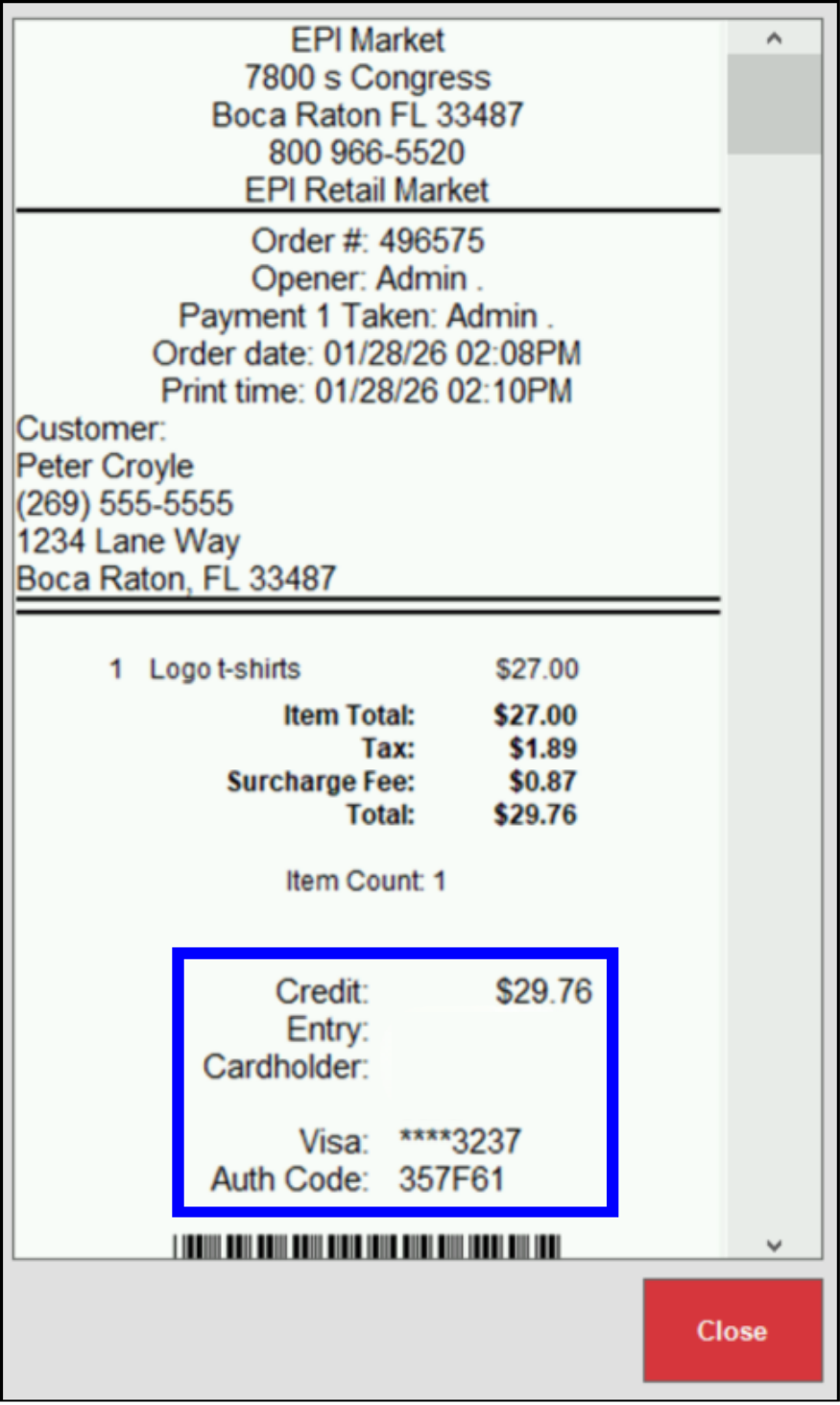 Card on File – On screen receipt showing the amount charged to card on file with card details at the bottom of receipt