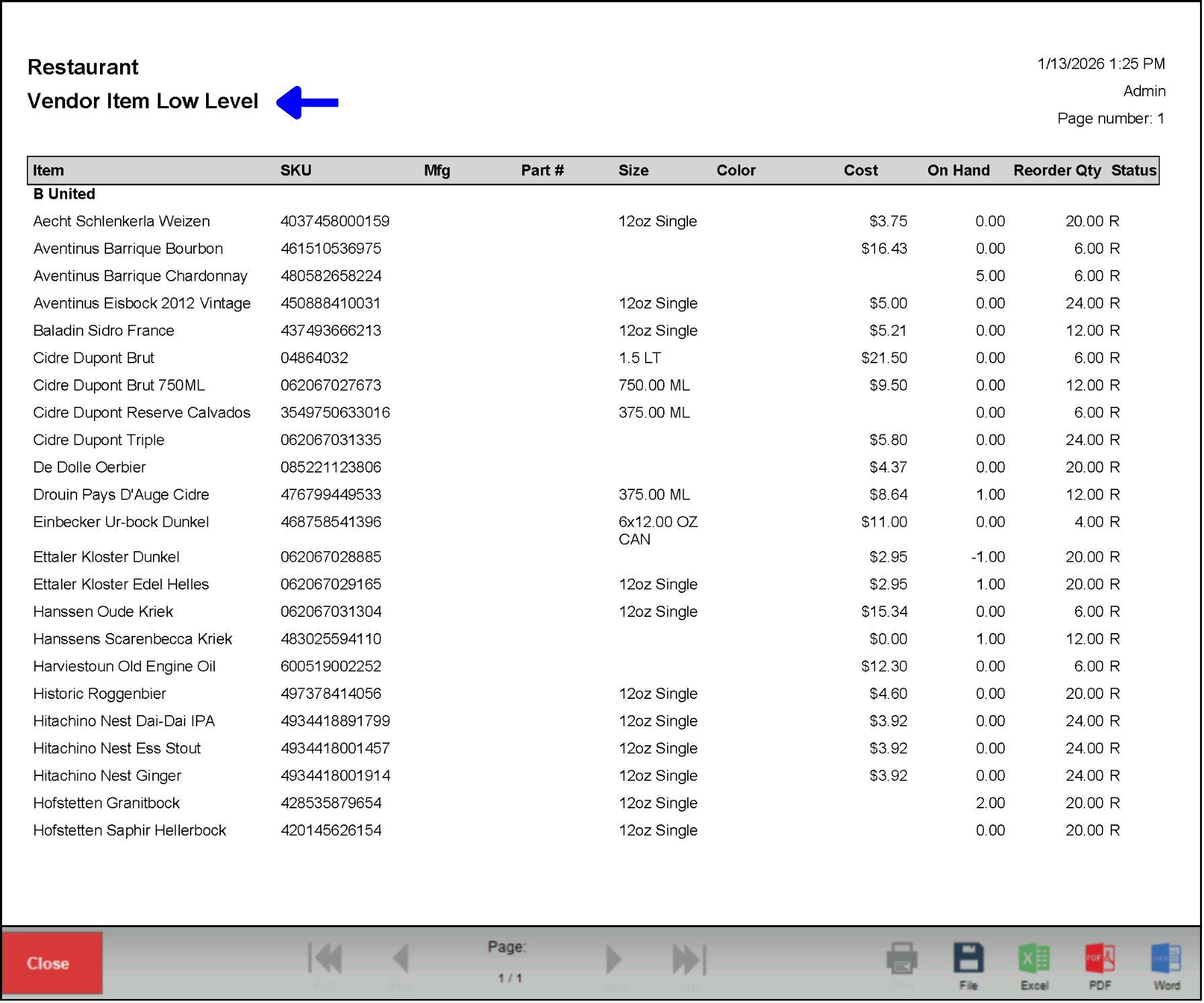Low Level Quantities in Register – Example of Vendor Item Low Level report