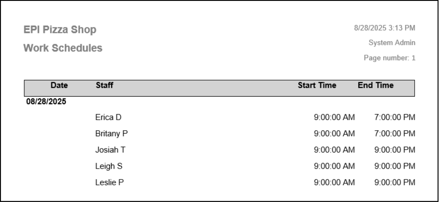 Work Schedules Report