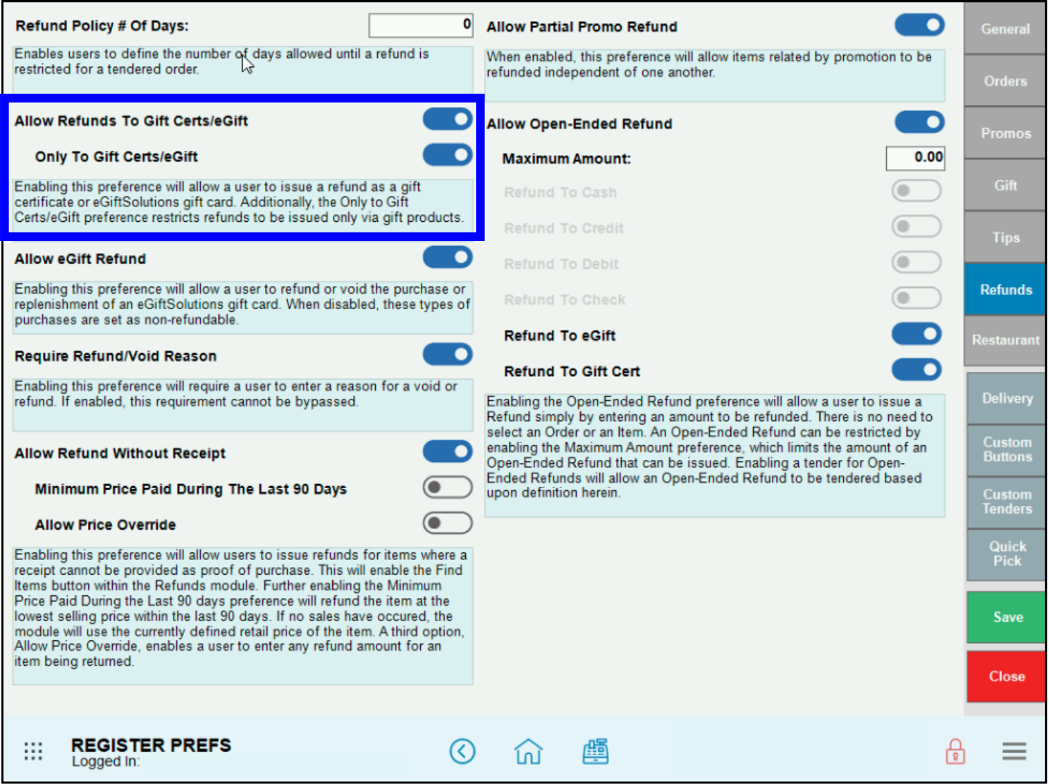 Enable refunds to gift cards