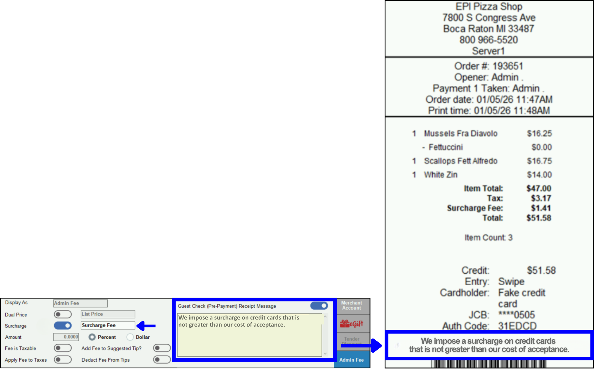 Surcharge Fee 07 - Customized message in admin fee tab with example on receipt